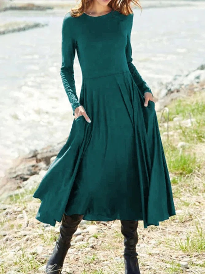 Vestido casual de manga larga con cuello redondo y color liso para mujer