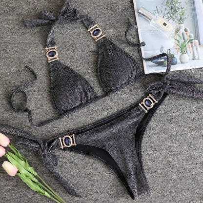 Bikini sexy con tirantes de diamantes de imitación brillantes para mujer