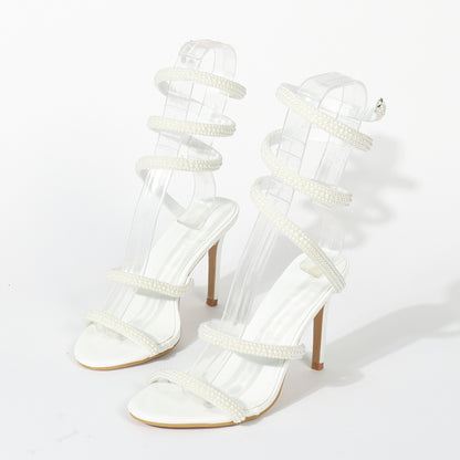 Women Fashion Sexy Solid Color Pearl Tape Snake-Heeled Shoes