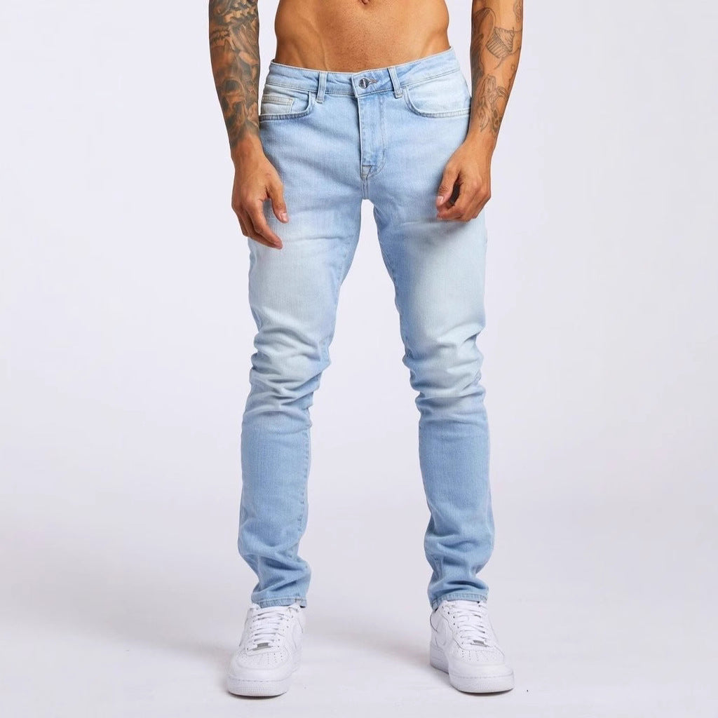 Men's Slim Fit Micro-Elastic Denim Jeans with Solid Color Design