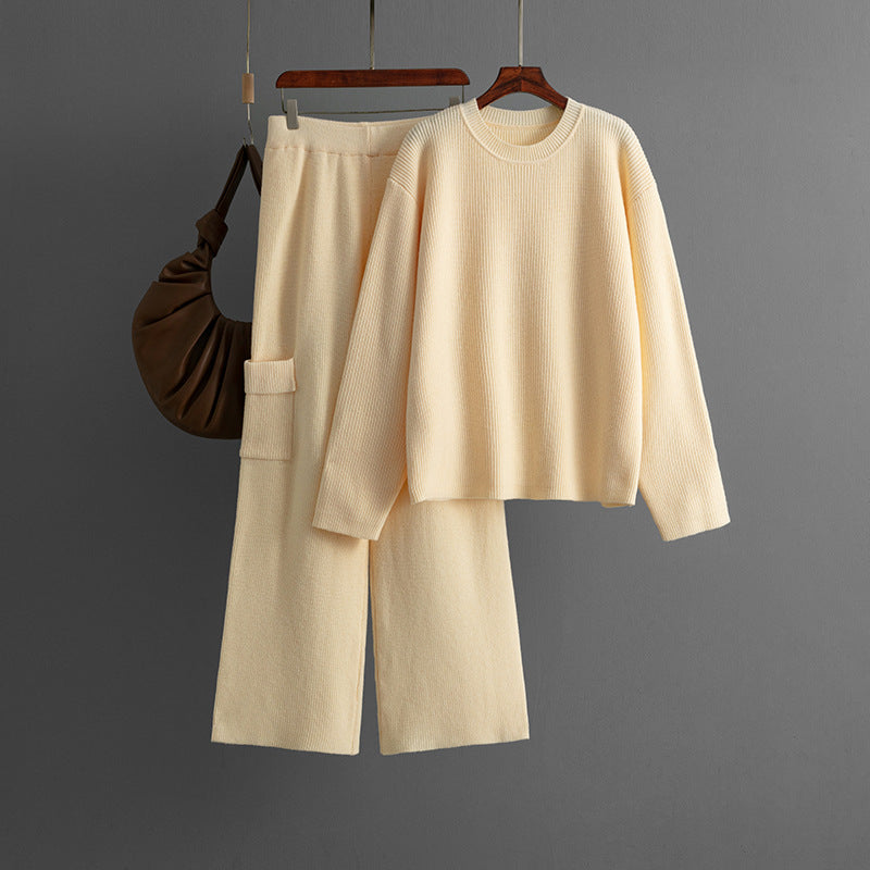Women Fashion Solid Color Knitted Two-Piece Set