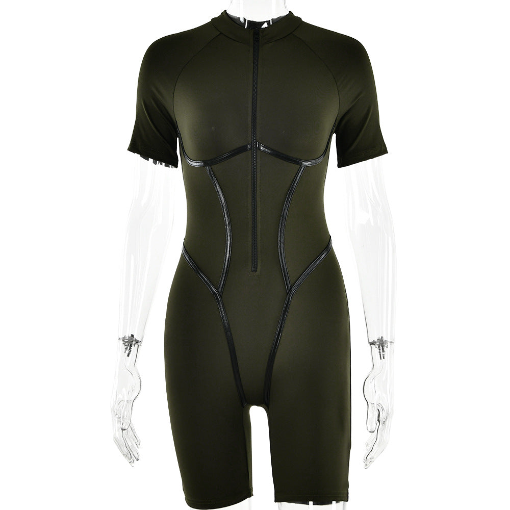 Women Casual Solid Color Line Short-Sleeve Sports Rompers