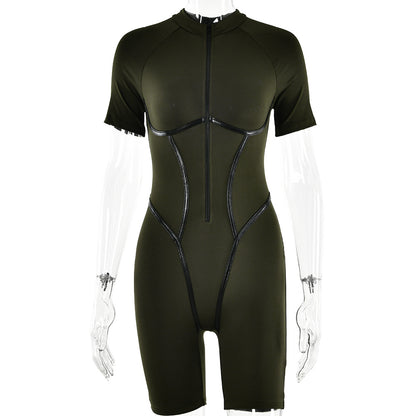 Women Casual Solid Color Line Short-Sleeve Sports Rompers