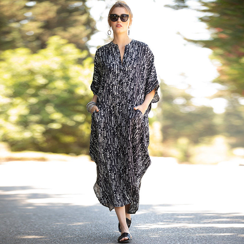 Women Fashion Summer Vacation Boho Style Leopard V Neck Loose Maxi Dress
