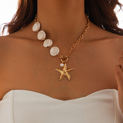 Collar de concha y estrella de mar estilo océano de verano para mujer