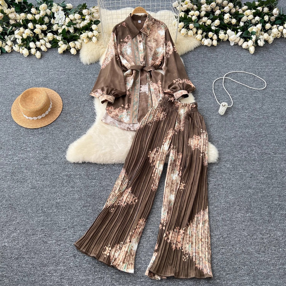 Women Casual Printed Blouse and Wide Leg Pants Set