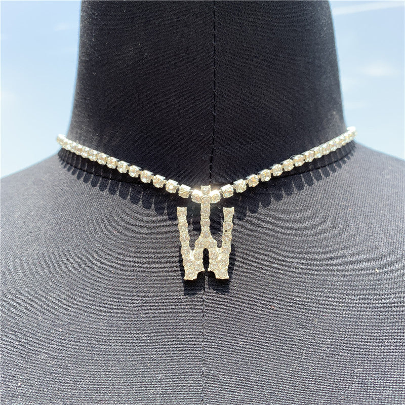 Women Rhinestone Alphabet Necklace