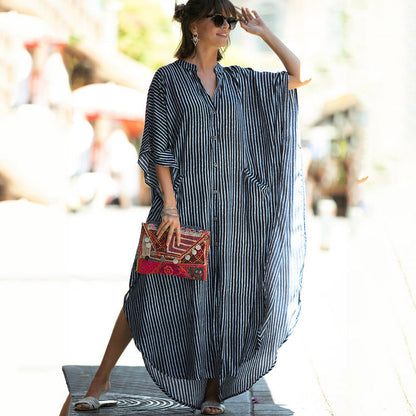 Women Fashion Summer Vacation Boho Style Leopard V Neck Loose Maxi Dress