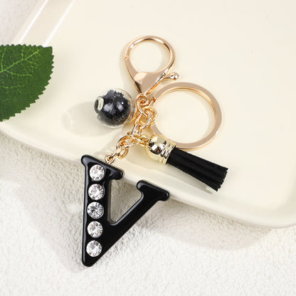 Llavero de resina negra con letras de diamantes de imitación, accesorio de arte moderno