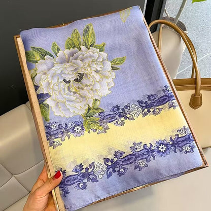 Summer Women Fashion Geometric Leaves Printed Silk Scarf