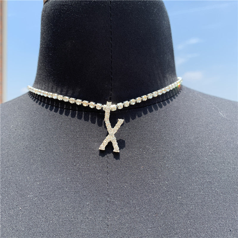 Women Rhinestone Alphabet Necklace