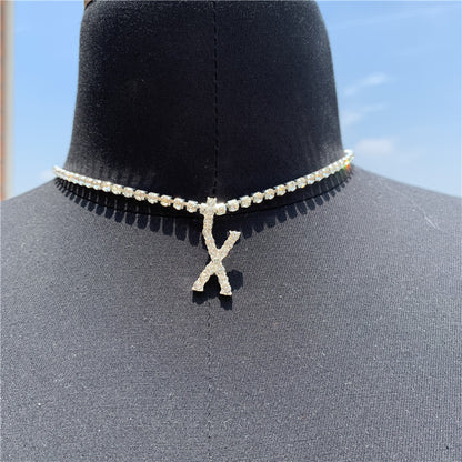 Women Rhinestone Alphabet Necklace