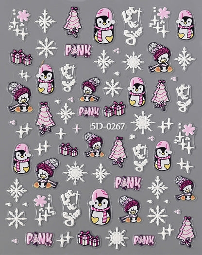 Pegatinas para uñas con relieve navideño de Papá Noel, muñeco de nieve y copos de nieve