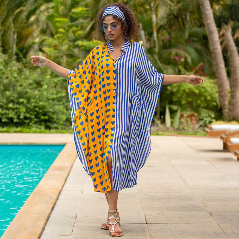 Women Fashion Summer Vacation Boho Style Leopard V Neck Loose Maxi Dress