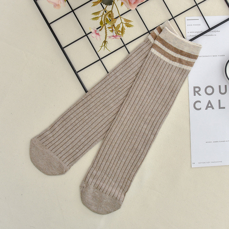 Calcetines de algodón apilados para mujer, color liso, grosor medio