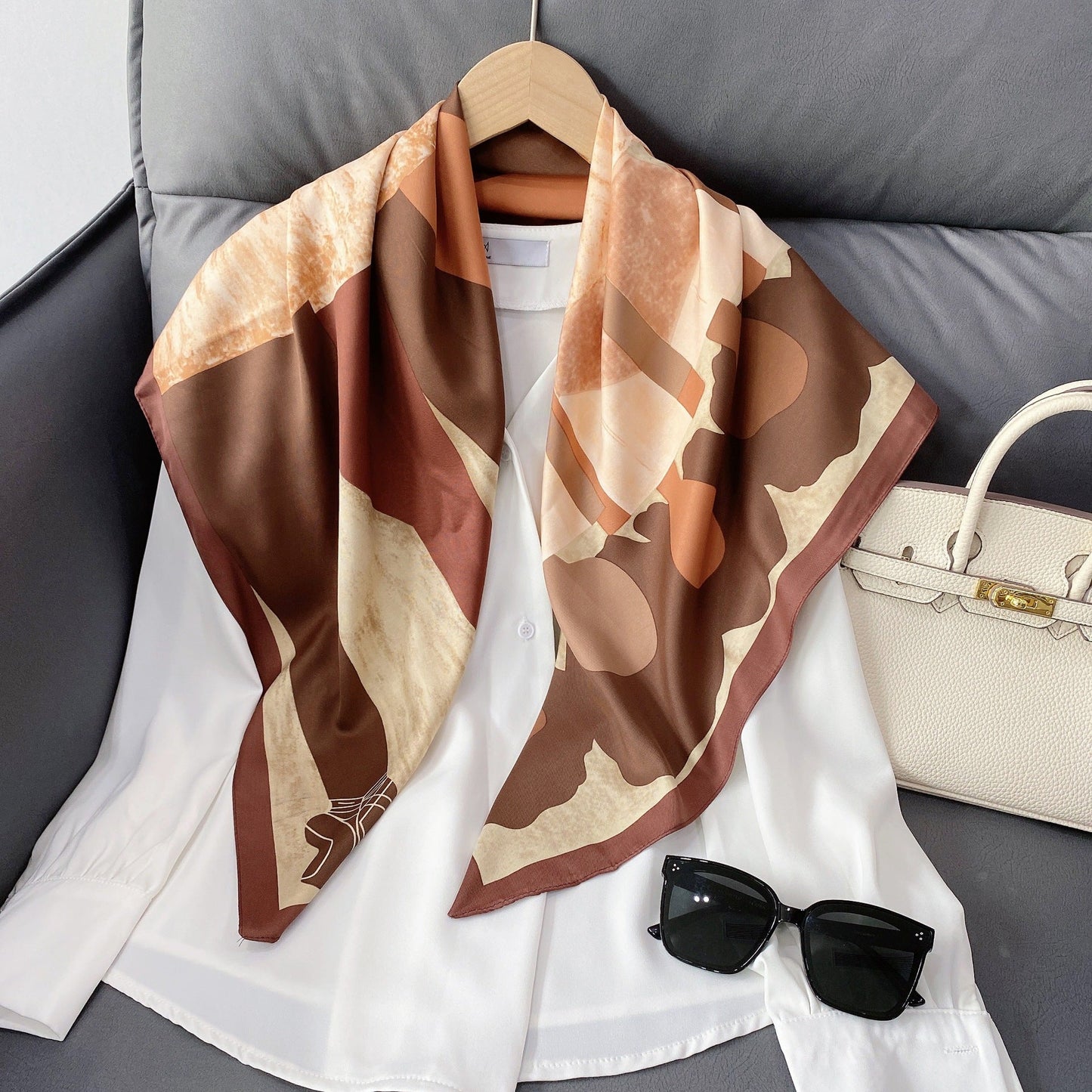 Bufanda de seda con estampado geométrico y floral de verano para mujer
