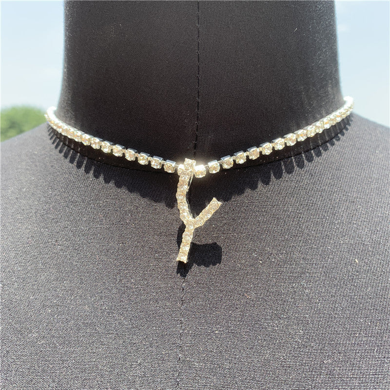 Women Rhinestone Alphabet Necklace