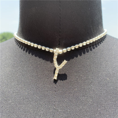 Women Rhinestone Alphabet Necklace