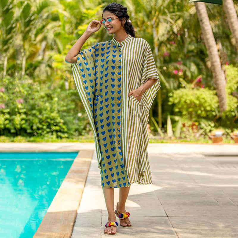 Women Fashion Summer Vacation Boho Style Leopard V Neck Loose Maxi Dress