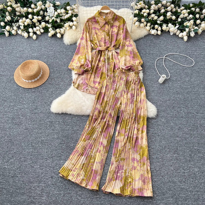 Women Casual Printed Blouse and Wide Leg Pants Set