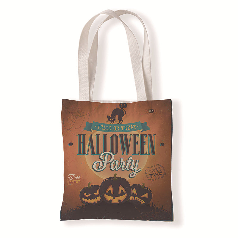 Bolsa de lona con estampado de calabaza y murciélago de Halloween con dibujos animados