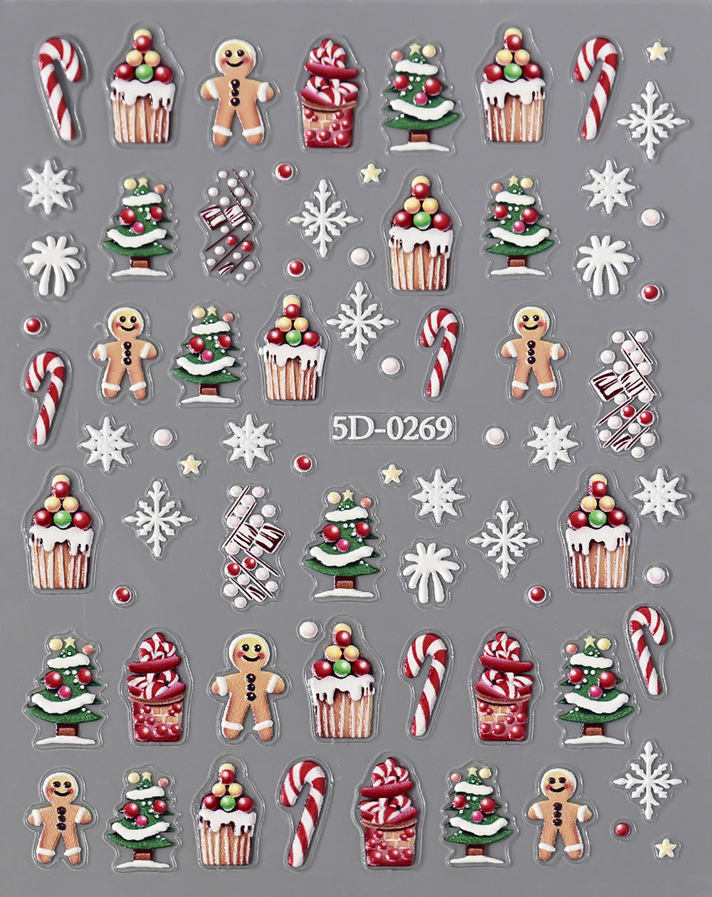 Pegatinas para uñas con relieve navideño de Papá Noel, muñeco de nieve y copos de nieve