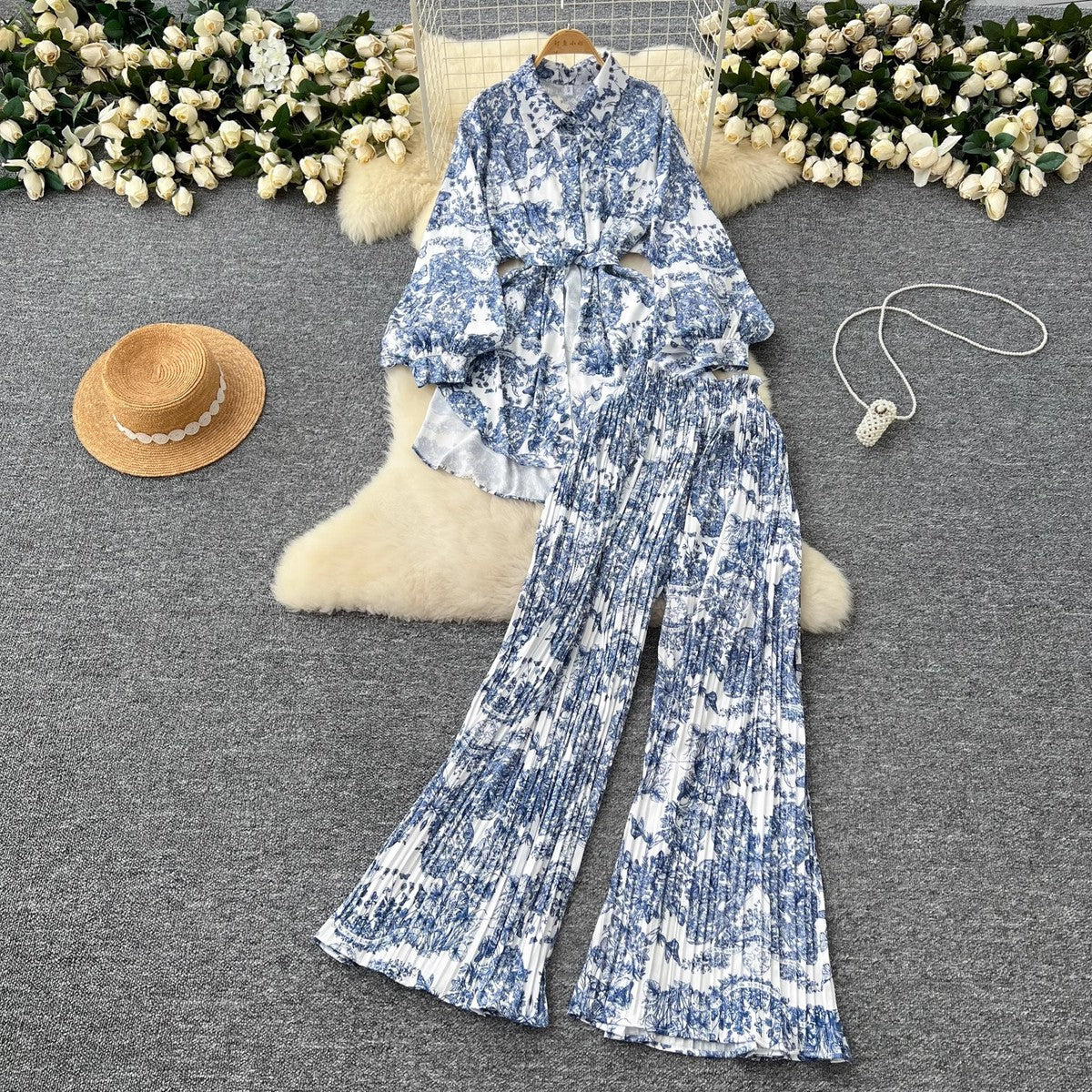 Women Casual Printed Blouse and Wide Leg Pants Set