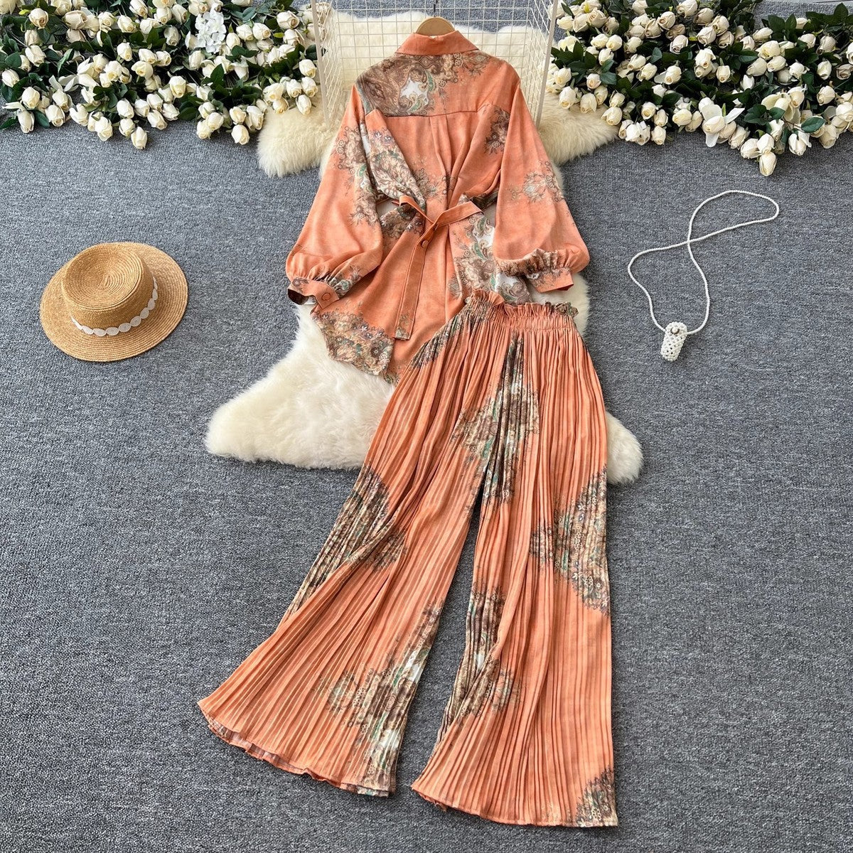 Women Casual Printed Blouse and Wide Leg Pants Set