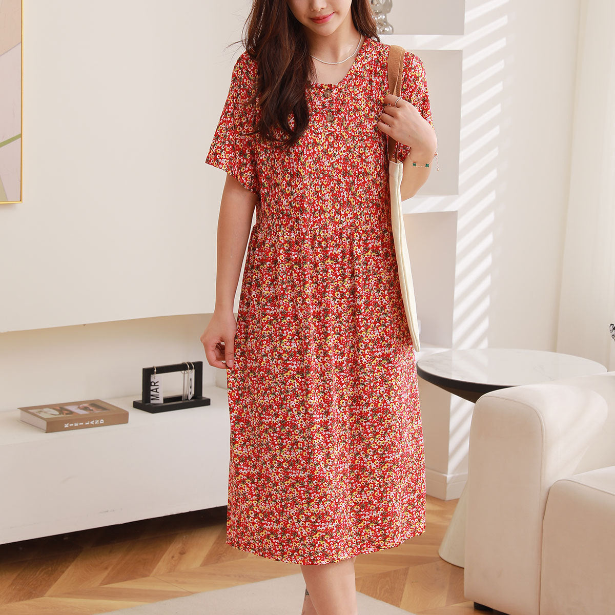 Women Casual Floral Printed Short Sleeve Dress