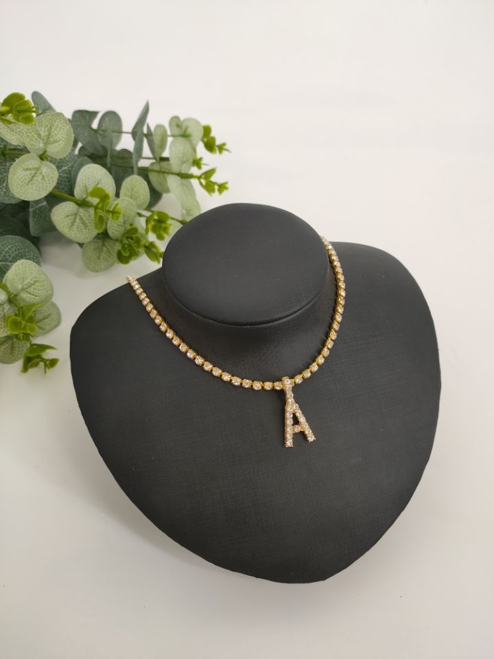 Women Rhinestone Alphabet Necklace