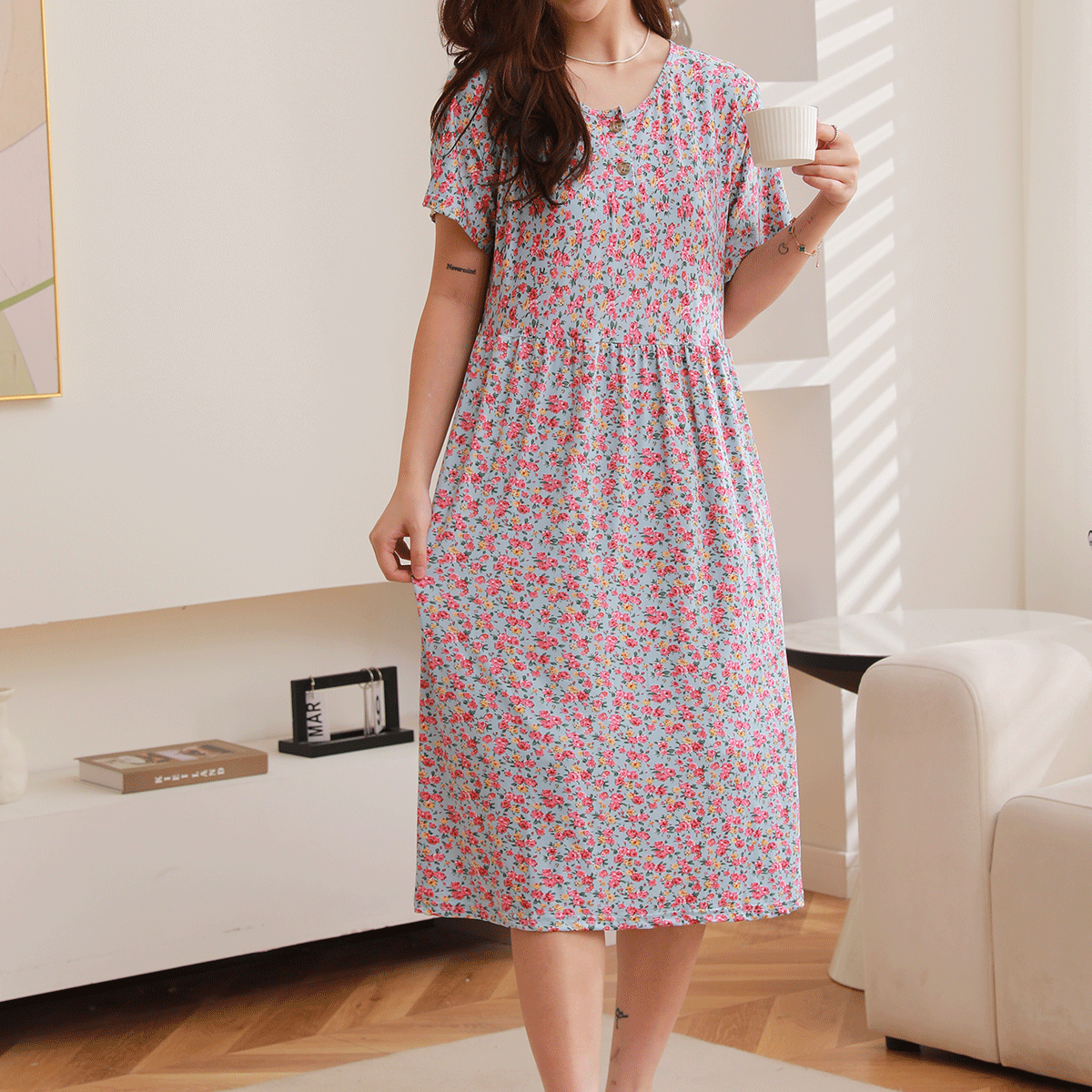 Women Casual Floral Printed Short Sleeve Dress