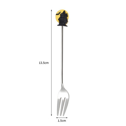 Tenedor y cuchara de acero inoxidable para postres y frutas con dibujos animados de Halloween.