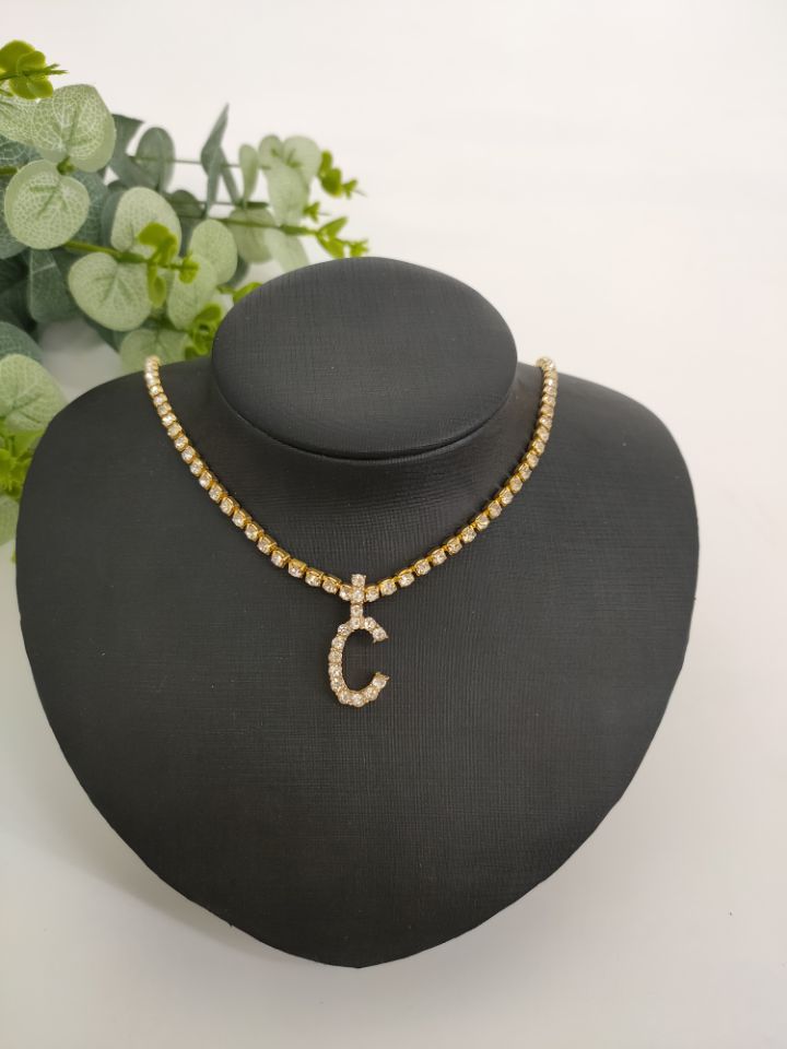 Women Rhinestone Alphabet Necklace