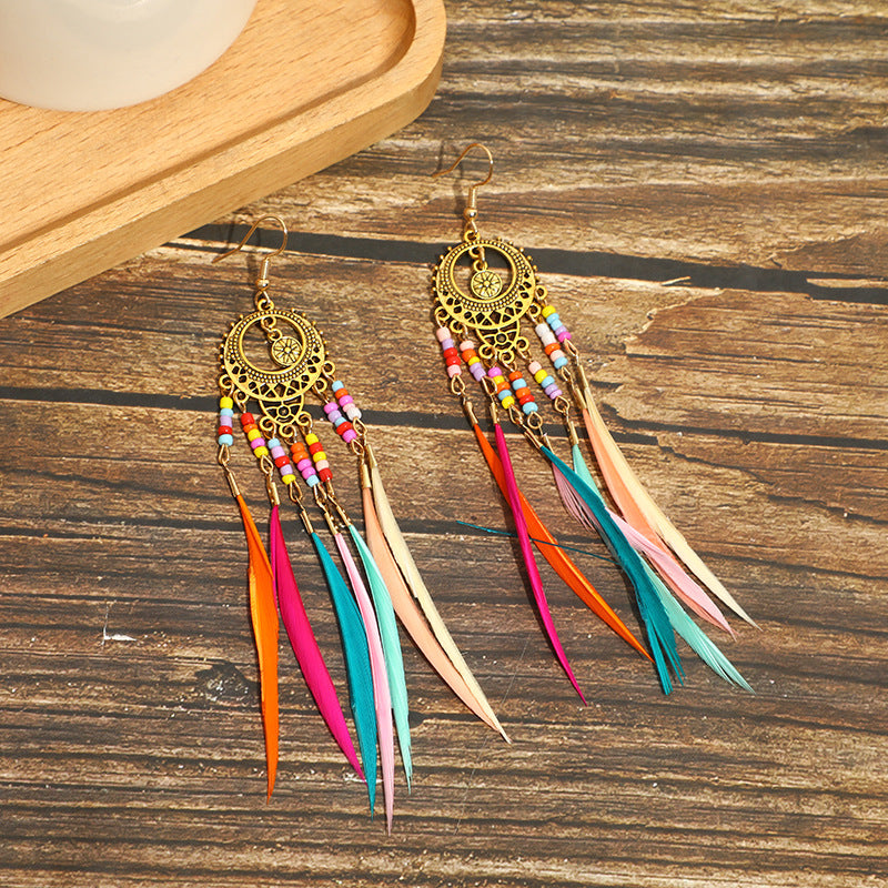 High-Value Feather Bohemian Long Tassel Earrings