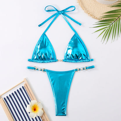 Bikini sexy de color sólido con cuello halter y cordones para mujer