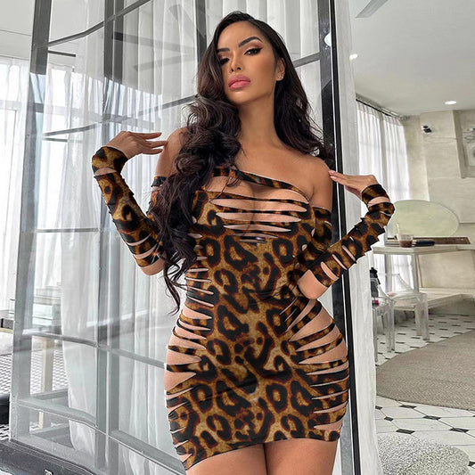 Vestido sexy de leopardo calado a la moda para mujer