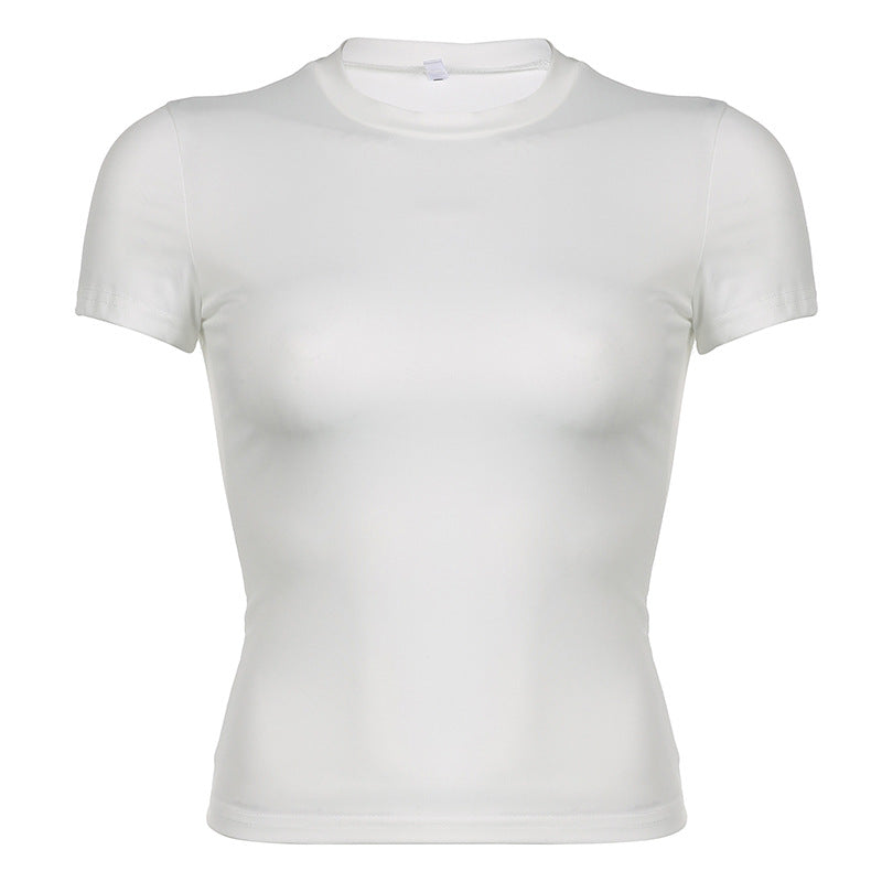 Women Fashion Casual Round Neck Short Sleeve Solid Color Blank T-Shirt