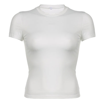 Women Fashion Casual Round Neck Short Sleeve Solid Color Blank T-Shirt