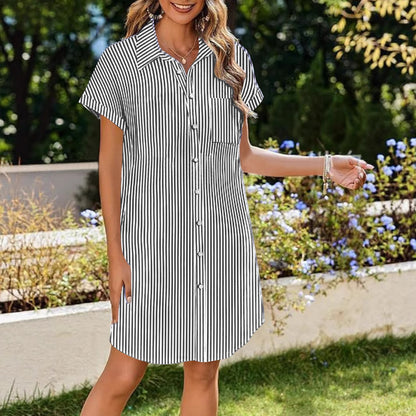 Vestido informal de manga corta con solapa y rayas para mujer