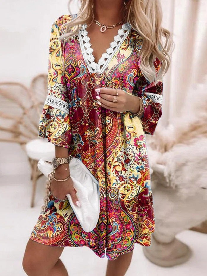 Vestido elegante de primavera bohemio para mujer, de manga larga, cuello en V y encaje con volantes