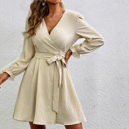 Vestido mini de manga larga con escote en V y color liso para mujer