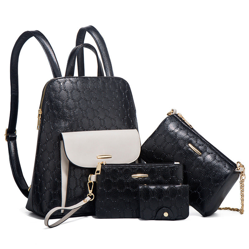 Conjunto de mochila y bolso bandolera con cadena de PU en relieve para mujer