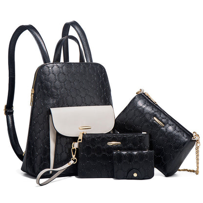 Conjunto de mochila y bolso bandolera con cadena de PU en relieve para mujer