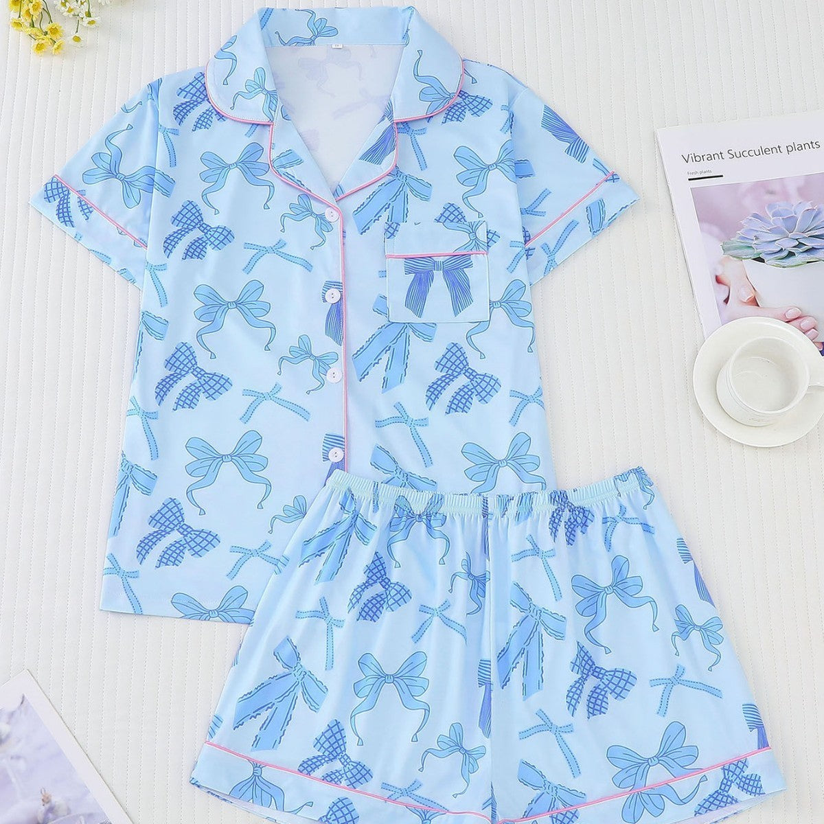 Women Pink Bow Print Lapel Short Sleeve Pajamas