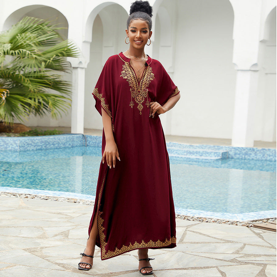 Vestido playero bohemio informal con cuello en V bordado para mujer