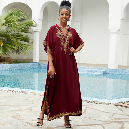 Vestido playero bohemio informal con cuello en V bordado para mujer