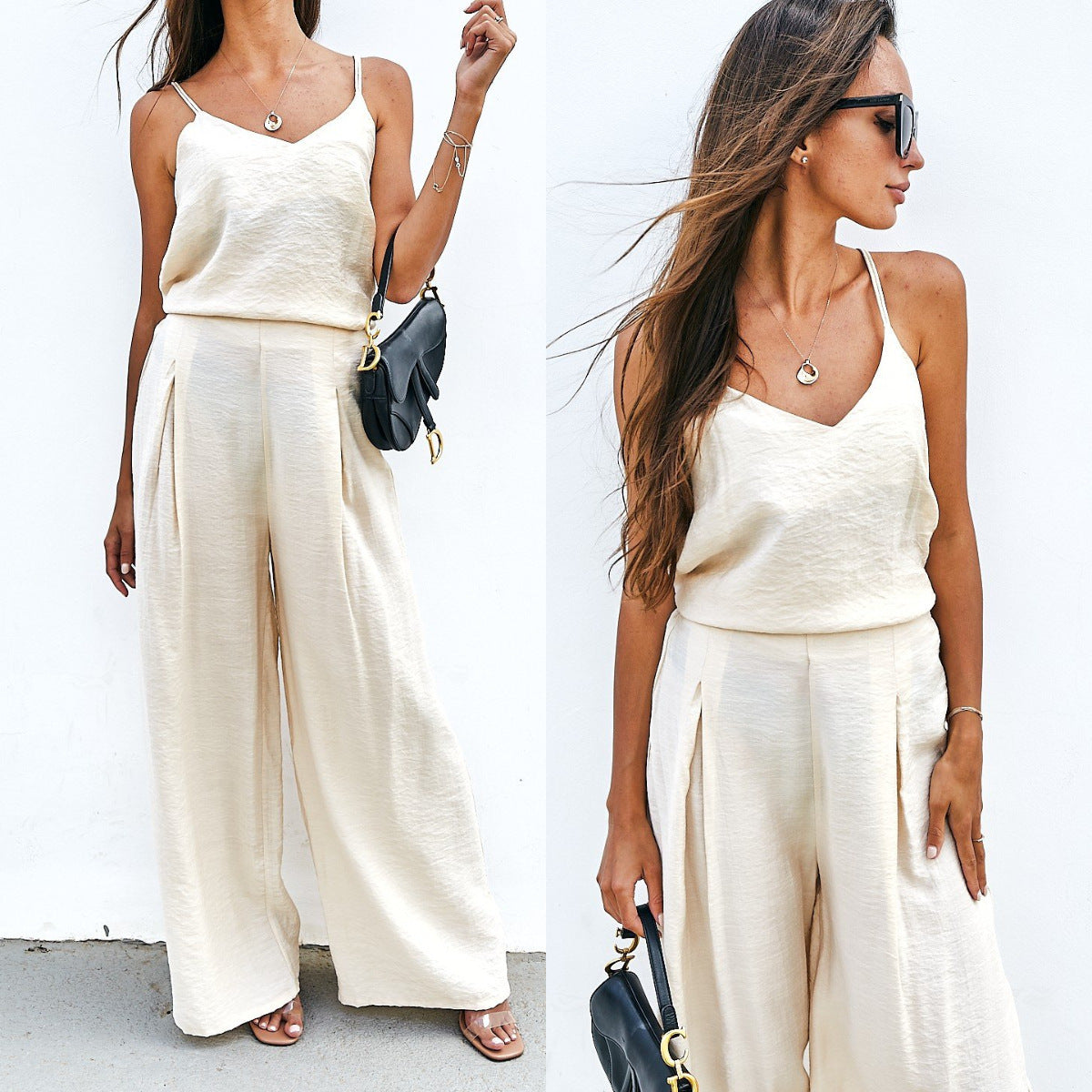 Women Casual Solid Color Sling Top and Pants Set