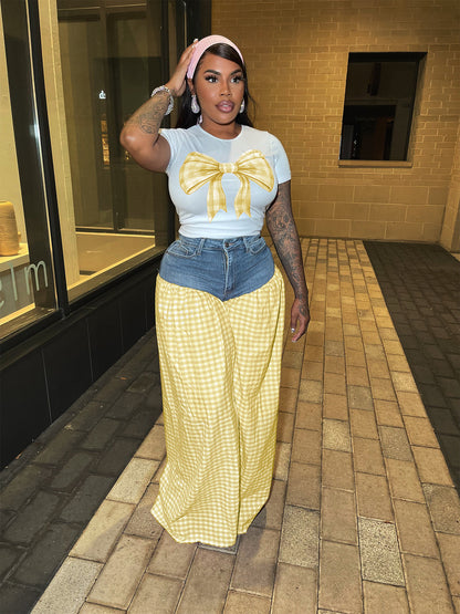 Ensemble t-shirt rose à nœud et pantalon en jean à carreaux pour femme