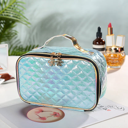 Bolsa de cosméticos de cuero sintético con efecto láser y degradado de color