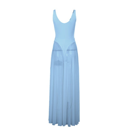 Women Elegant Mesh V-Neck Sleeveless Dress Polyester Slim Fit